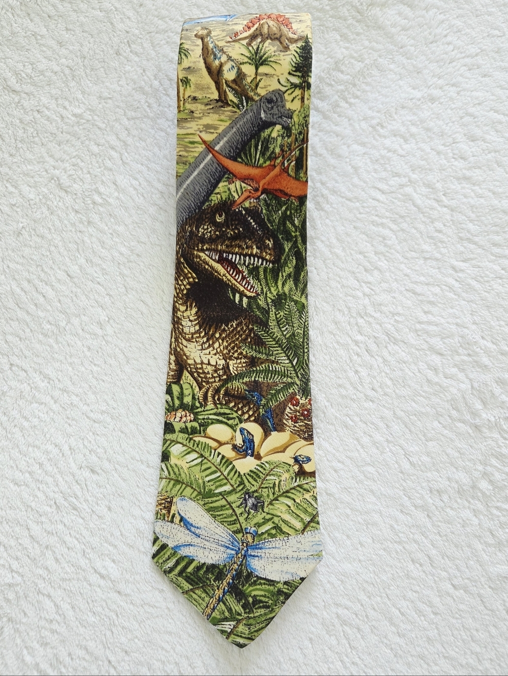 Vintage!!! Land's End ✨️ Dinosaur & Dragonfly Print Silk Tie - Multicolor